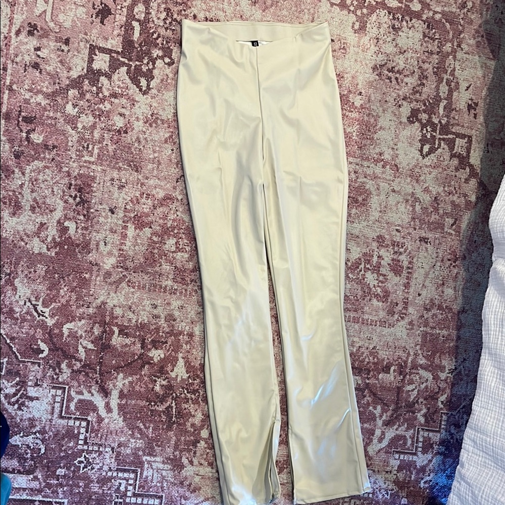 Cream faux-leather pants